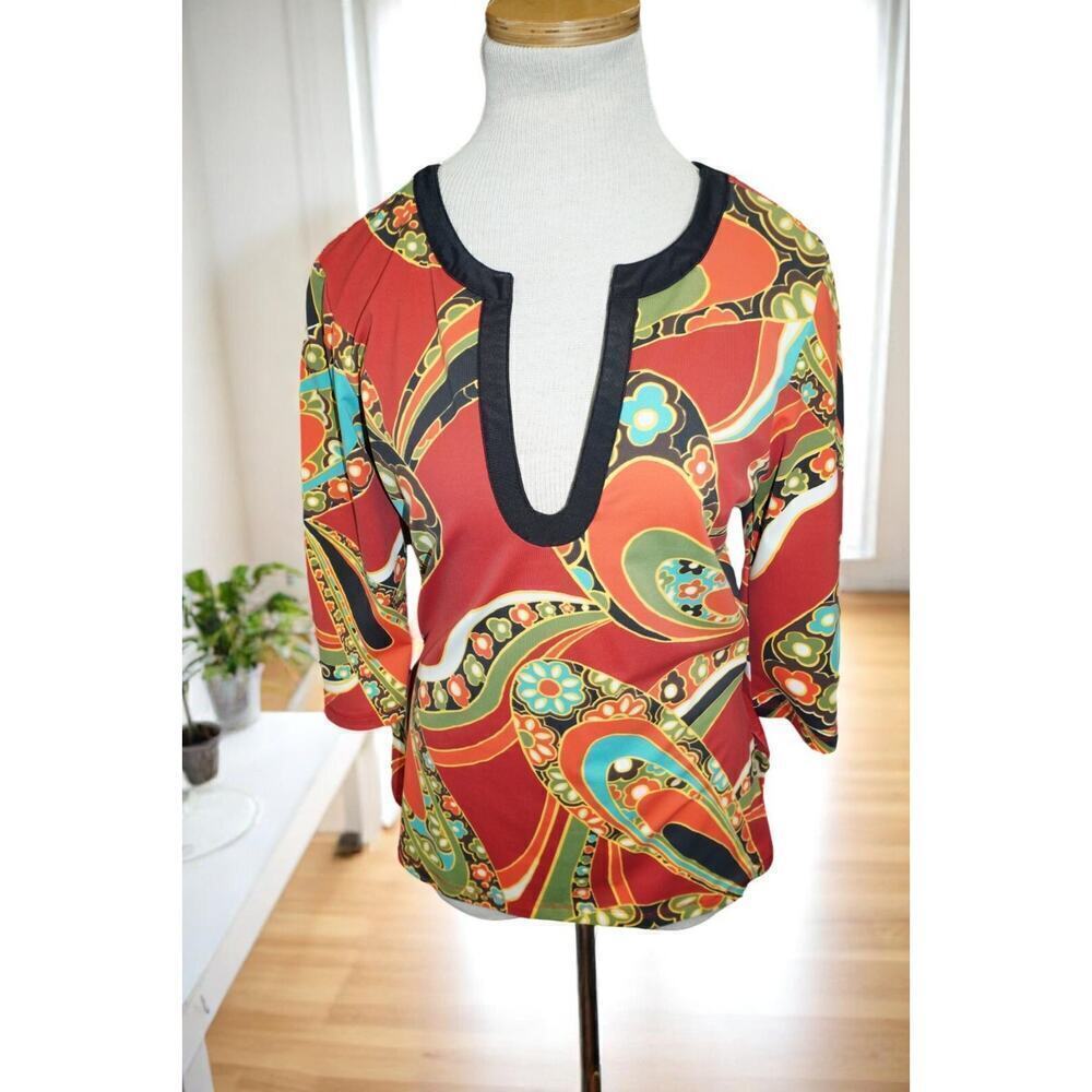 Vintage Athleta Y2K Psychedelic Floral Blouse – Size S – Deep V-Neck Stretch Top